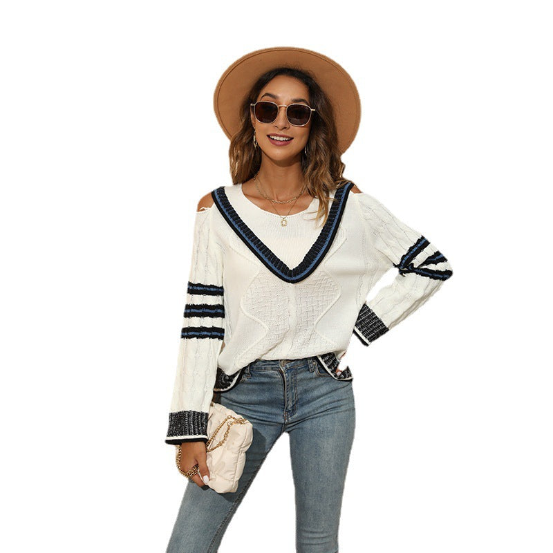 Dame strikpullover med detachable skulderdetaljer og sporty V-hals Stilla