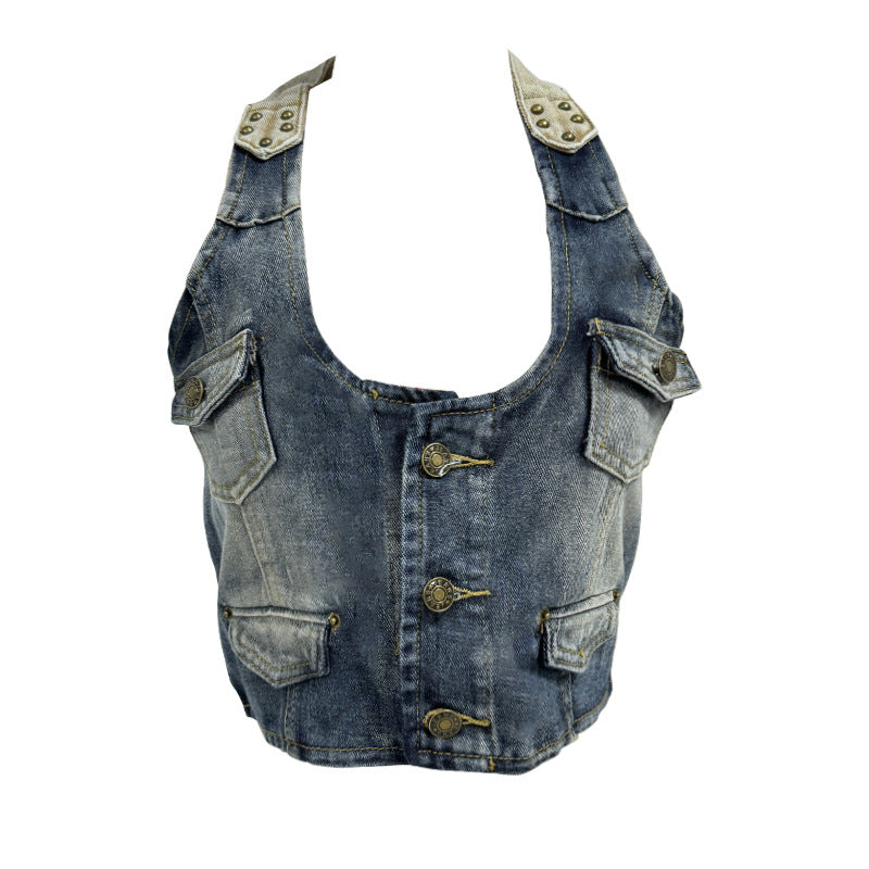 Dame Crop-Top i denim med dekorative knapdetaljer og dyb V-udskæring Skovae