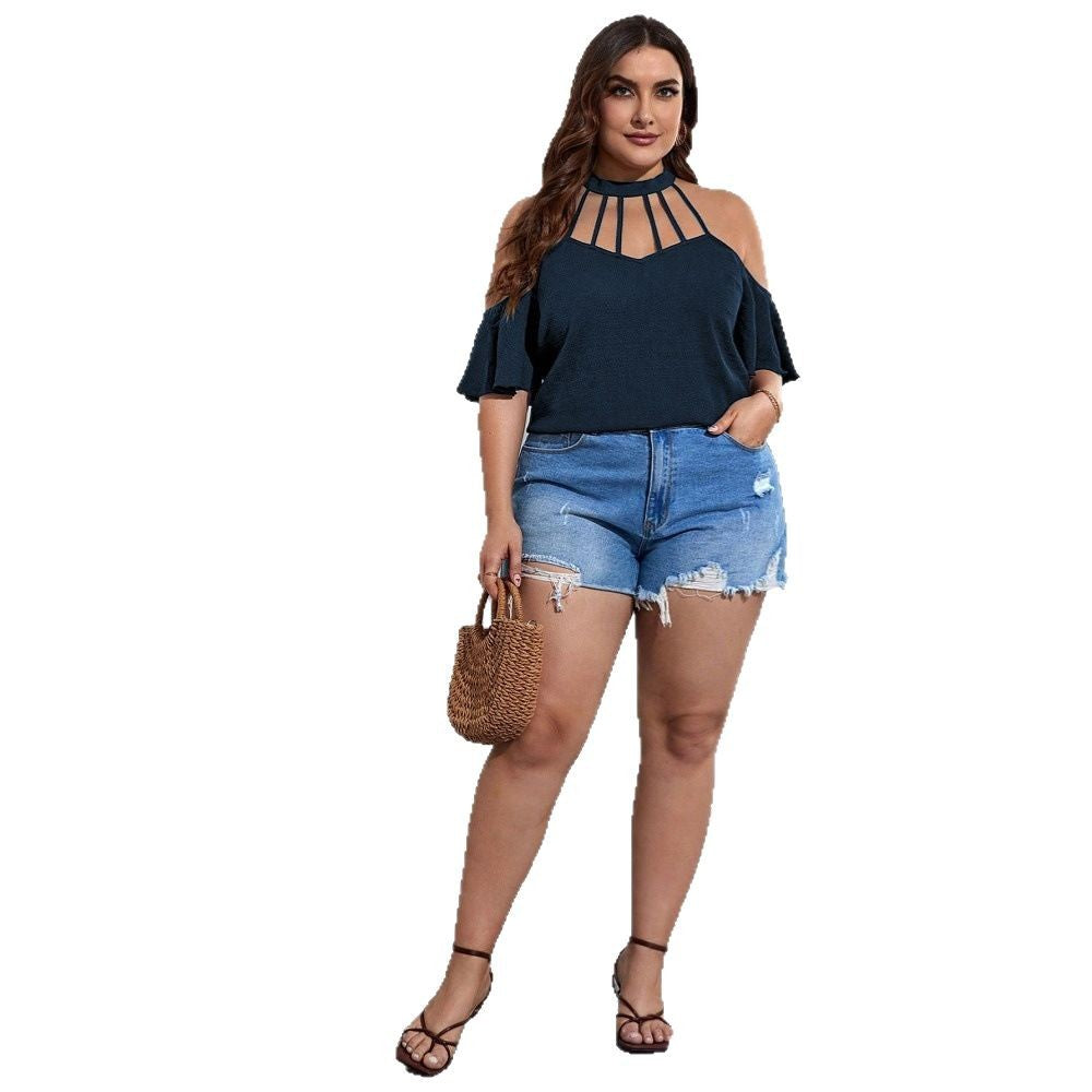 Dame Off-Shoulder Top med høj krave og legende ruffles detaljer Skovae
