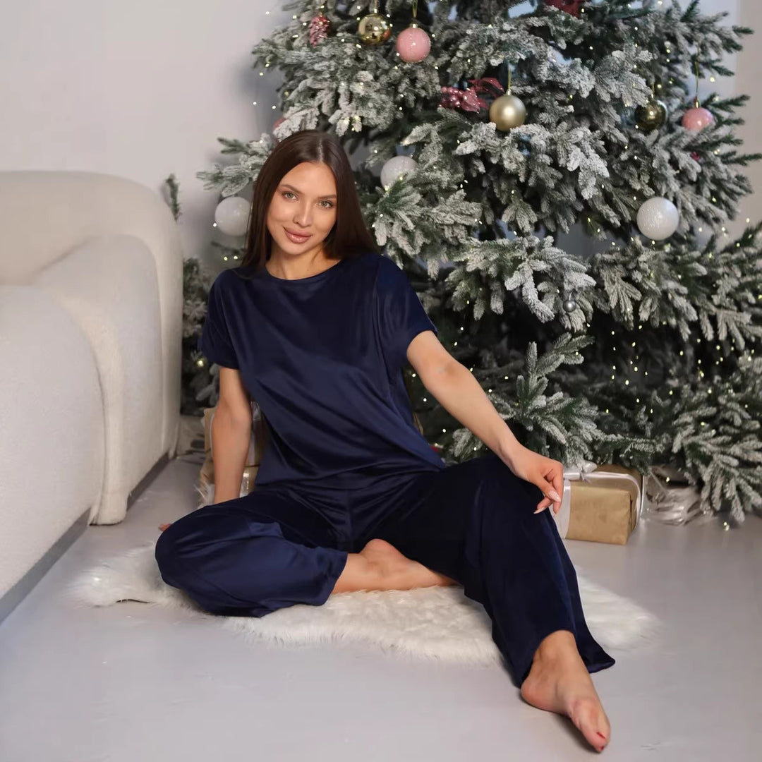 Kvindernes satin loungewear sæt med casual fit og bred-benede bukser