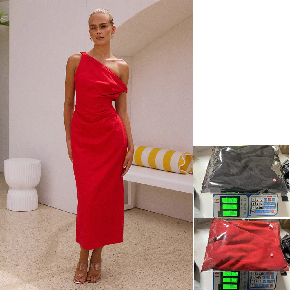 Ladies Elegant Long Sleeve Dress with Asymmetric Design and Refined Draping