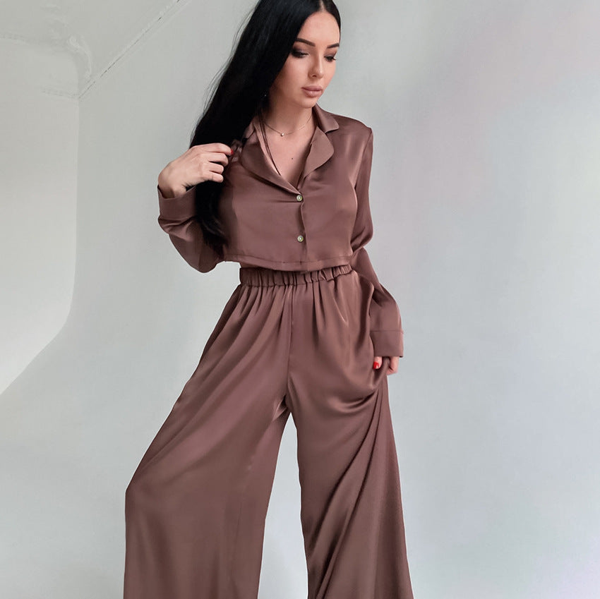 Dame Satin Cropped Bluse og løstsiddende Bukser Kombi Sæt Stilla