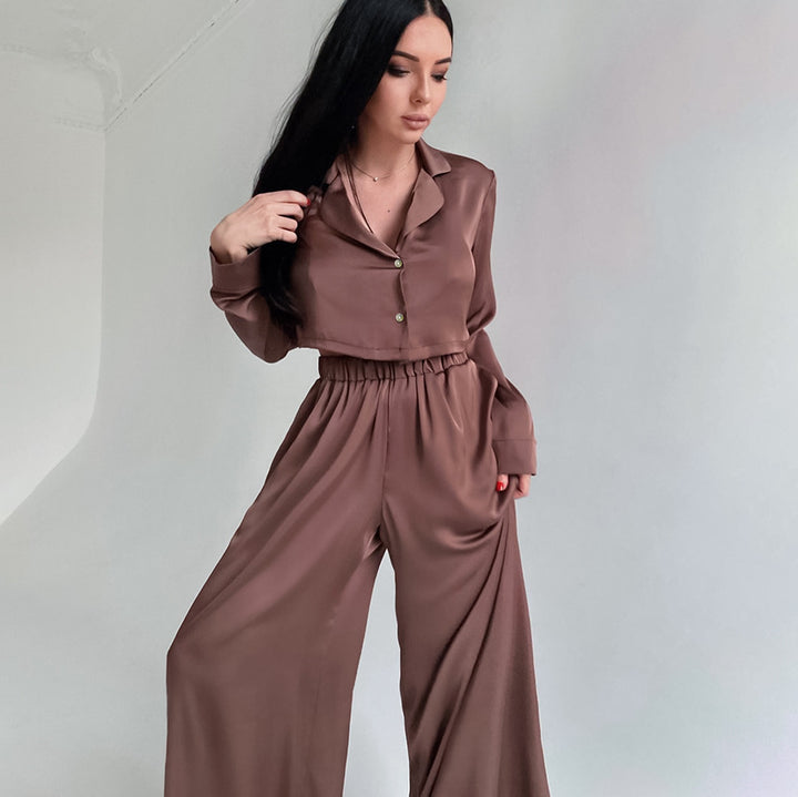 Dame Satin Cropped Bluse og løstsiddende Bukser Kombi Sæt Stilla