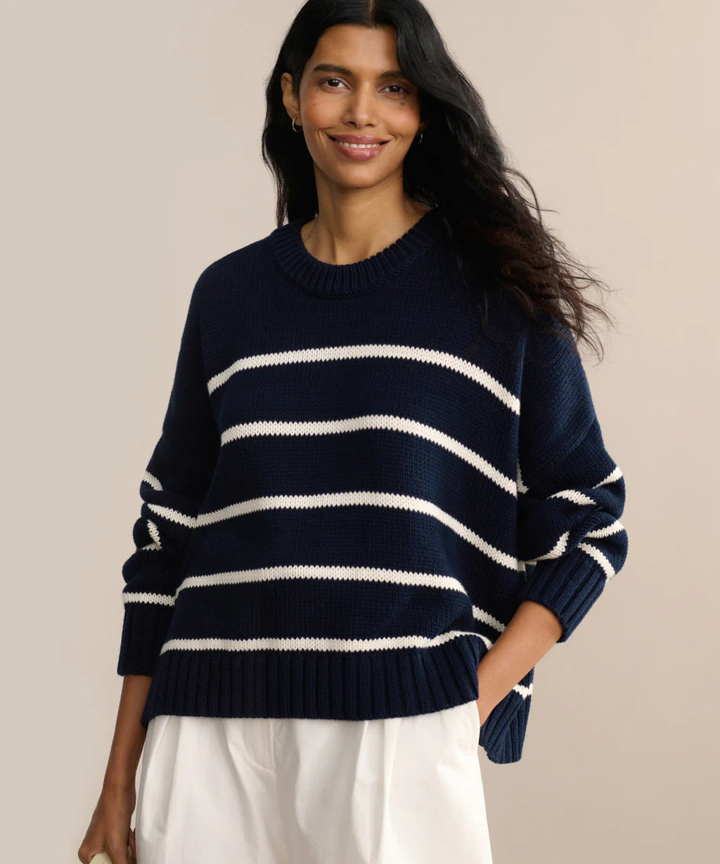 Kvinders afslappede strikket sweater med brede striber og rund hals Stilla
