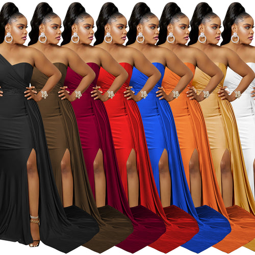 Dame Elegant One-Shoulder Maxikjole med draperede detaljer og flydende nederdel Stilla