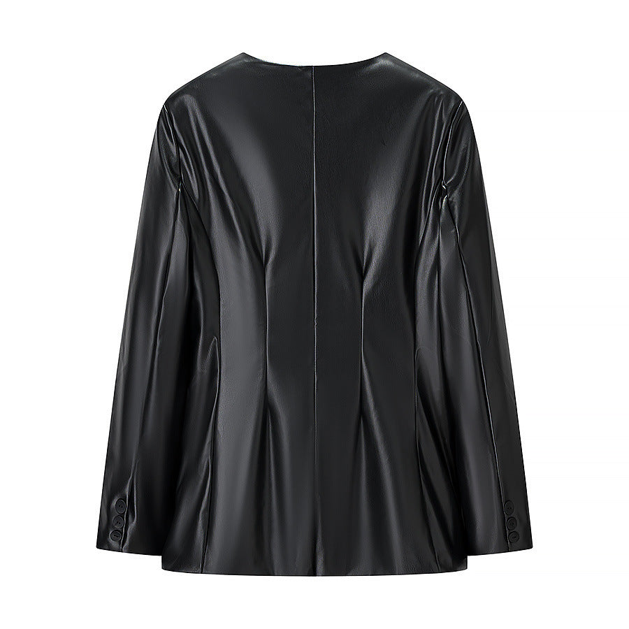 Damer Elegant Faux Læder Blazer Jakke med Modern Cut og Lommer Stilla