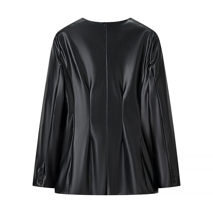 Damer Elegant Faux Læder Blazer Jakke med Modern Cut og Lommer Stilla