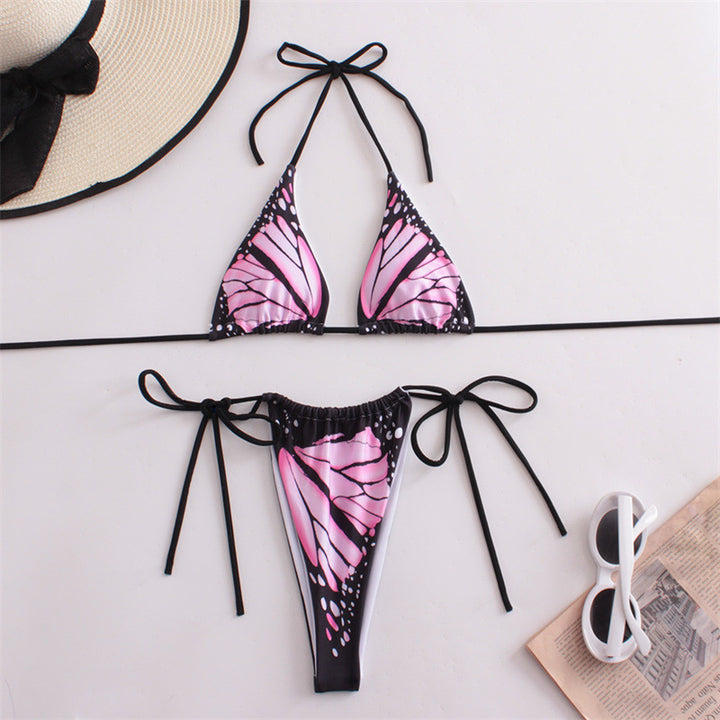 Dame triangel-bikini med sommerfugle-design og justerbare bånd Skovae