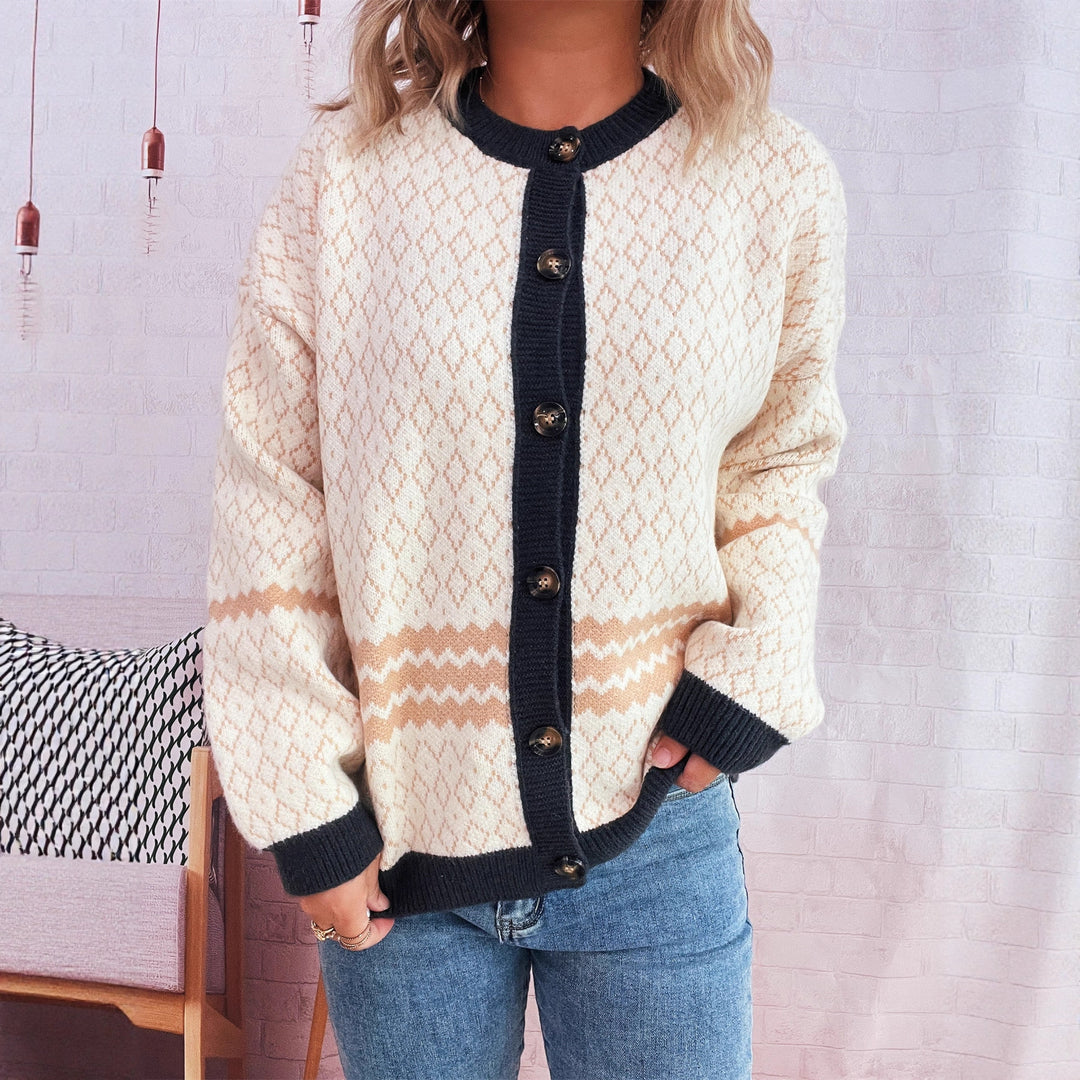 Kvinders cardigan med geometrisk mønster og elegante knapdetaljer Stilla
