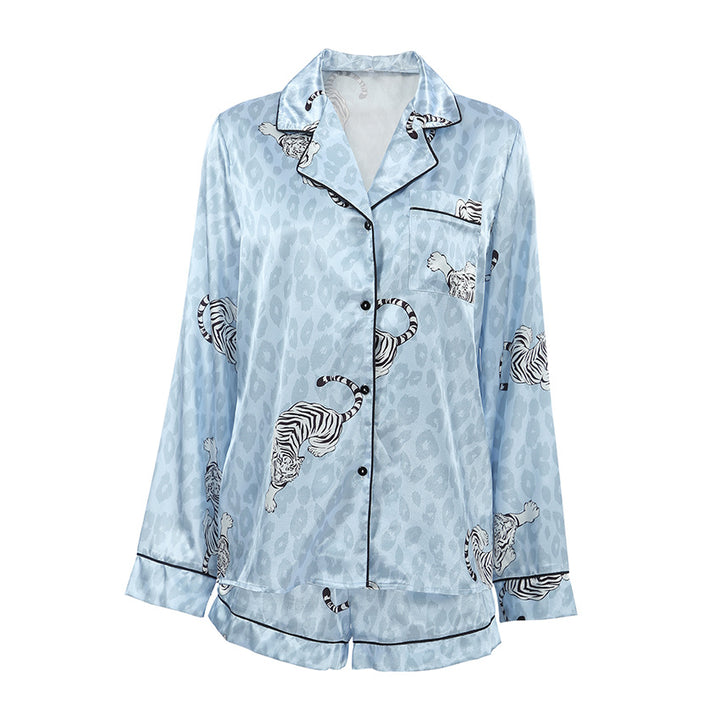 Dame Satin-Pyjama-Sæt med dyreprint og elegante detaljer Stilla