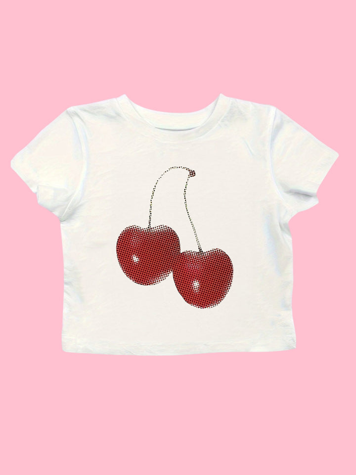 Dame Crop-T-Shirt med muntert kirsebærmotiv Skovae