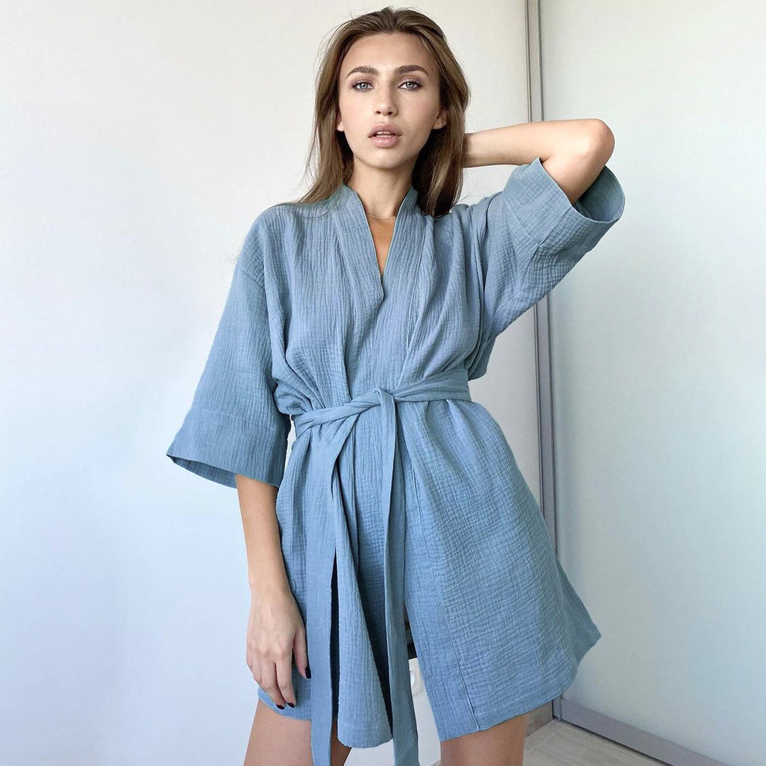 Dame Kimono-stil Morgenkåbe i åndbart materiale med bælte Stilla