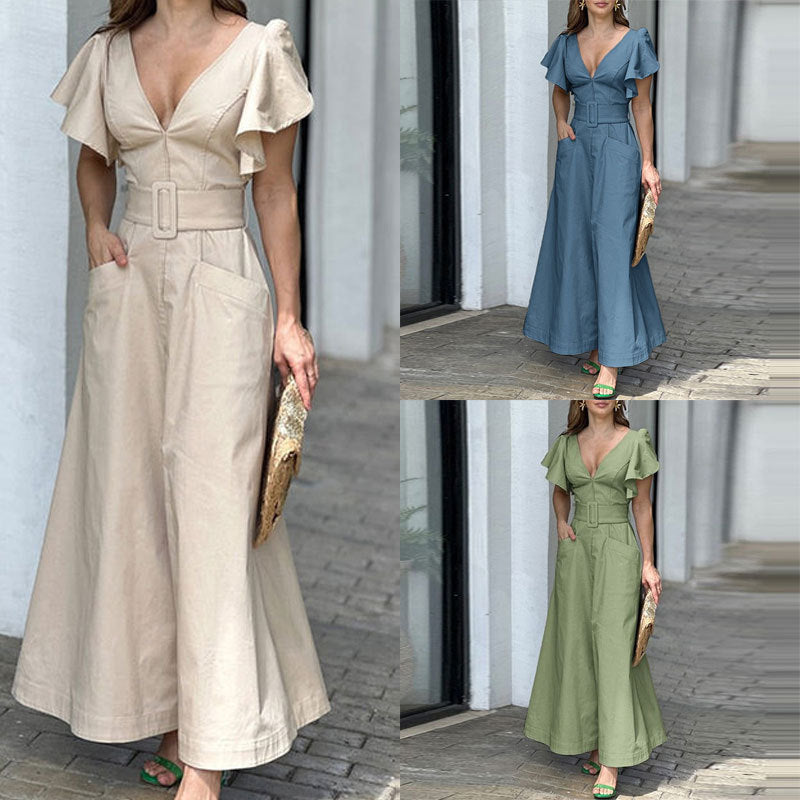 Dame maxikjole med elegante flæsedetaljer og praktiske lommer Stilla