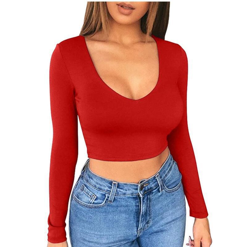 Dame Cropped Langærmet T-shirt med V-hals Stilla