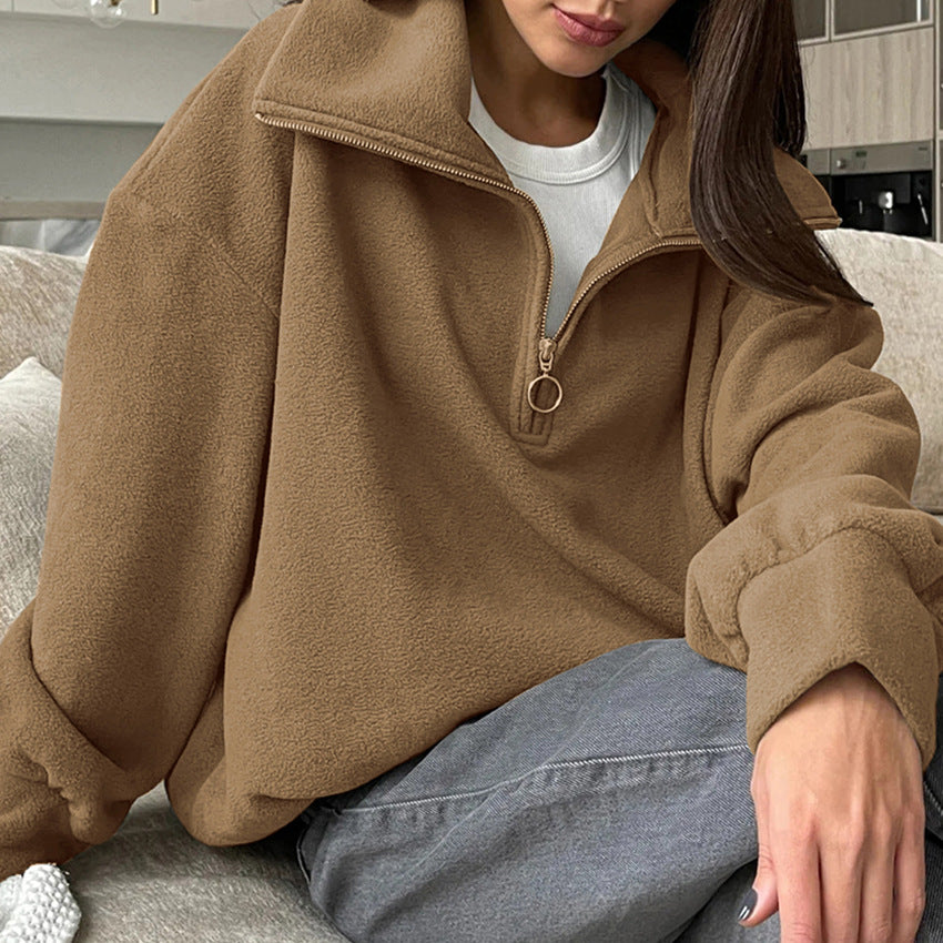 Dame hyggelig fleece-pullover med høj krave og lynlås Stilla