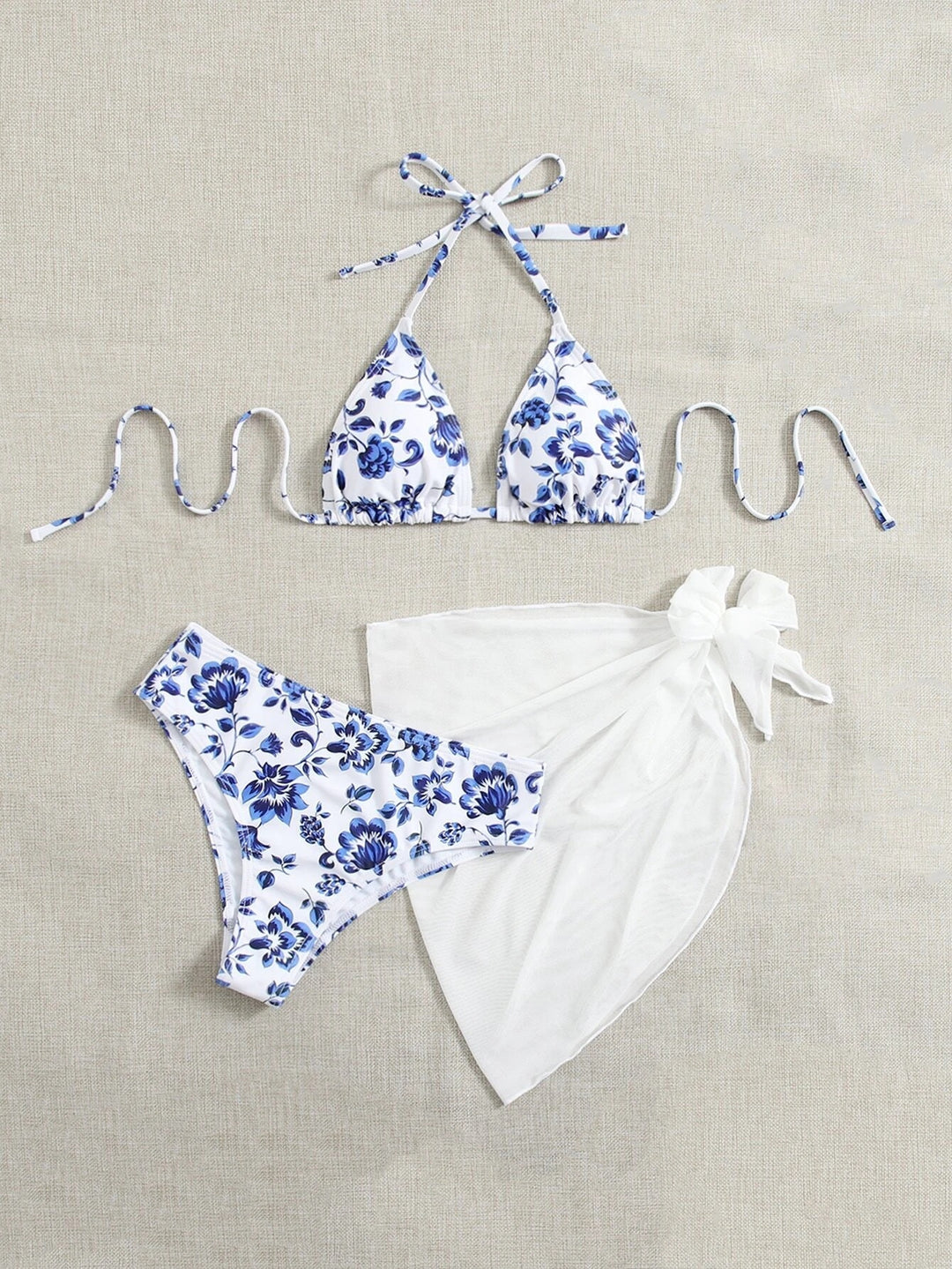 Dame Triangel-Bikini-sæt med blomstret design og gennemsigtig overkjole Stilla