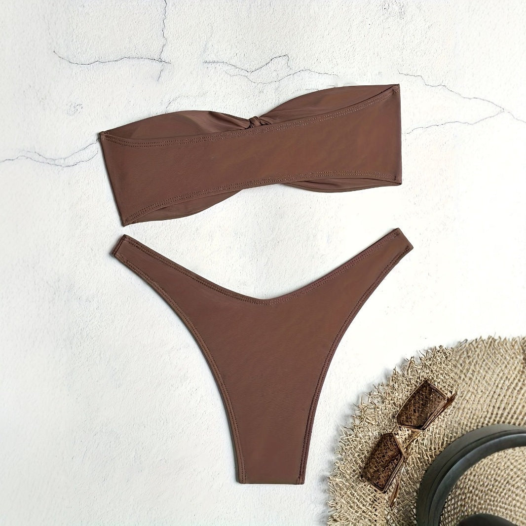 Dame Bandeau-Bikini med høj benudsigt og diskret rynkning Skovae