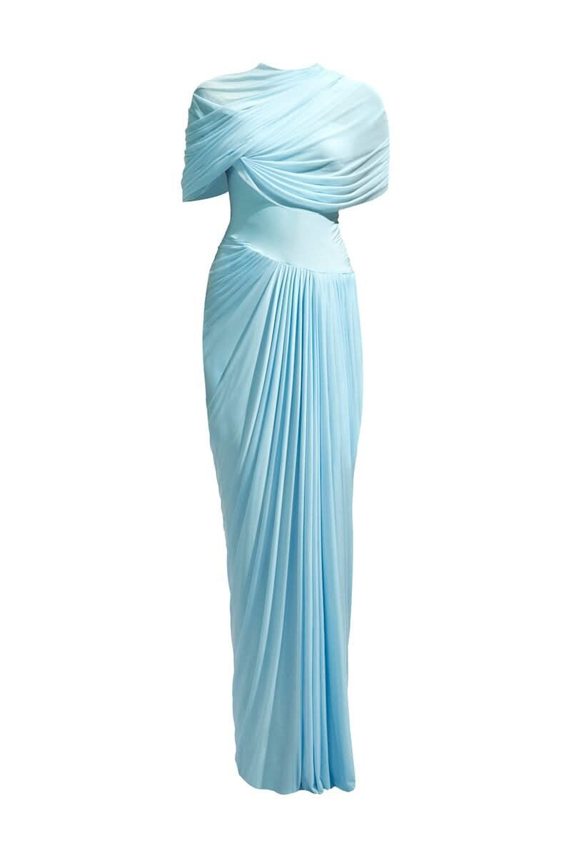 Dame maxikjole med elegant drapering og asymmetrisk cut-outs Skovae