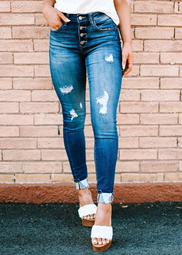 Dame High-Waist Skinny Jeans med moderne destroyed-detaljer og knaplukning Stilla