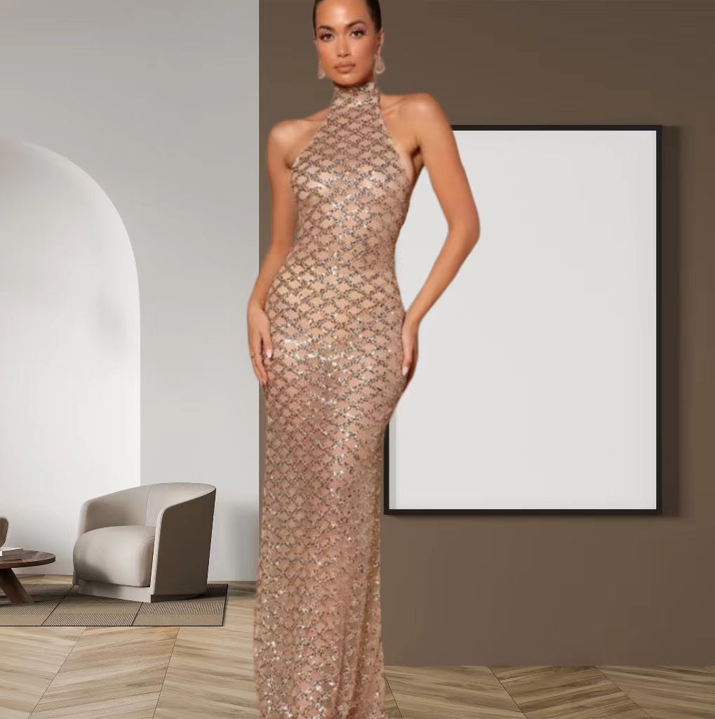 Damer Elegant Aftenkjole i Bodycon Stil med Skinnerende Paillet Trim Skovae
