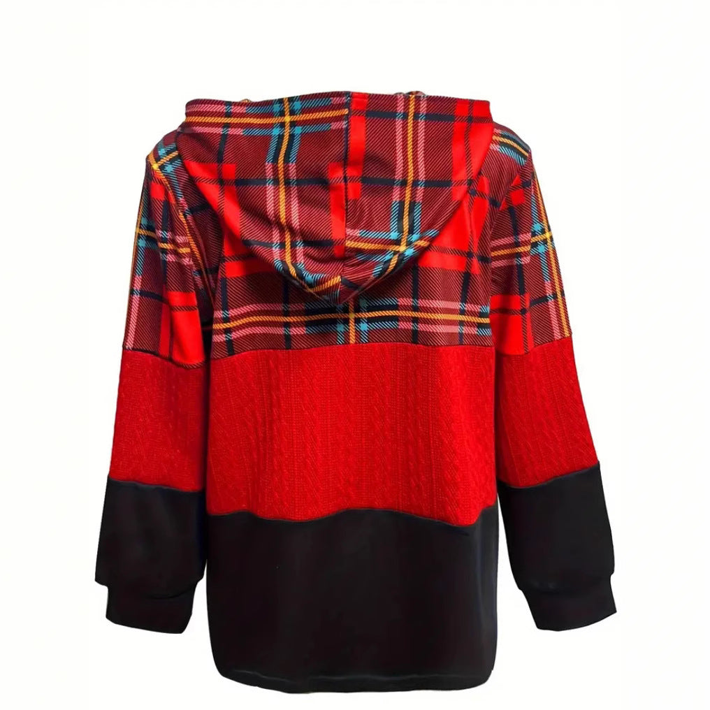 Dame lang hættetrøje i patchwork-stil med ternede og strikindsatser, frontlynlås og stiklommer Skovae
