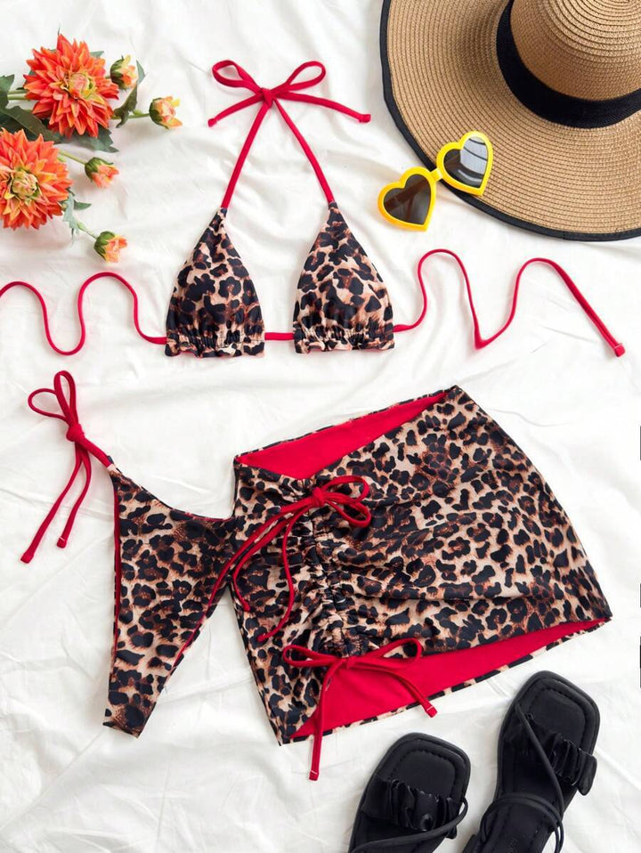 Dame Triangle Bikini Sæt med rynkefri detaljer og omslagskørt Skovae