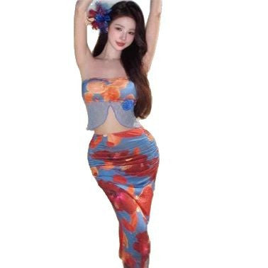 Femme Floral Crop Top og Maxi Nederdel Sæt Stilla