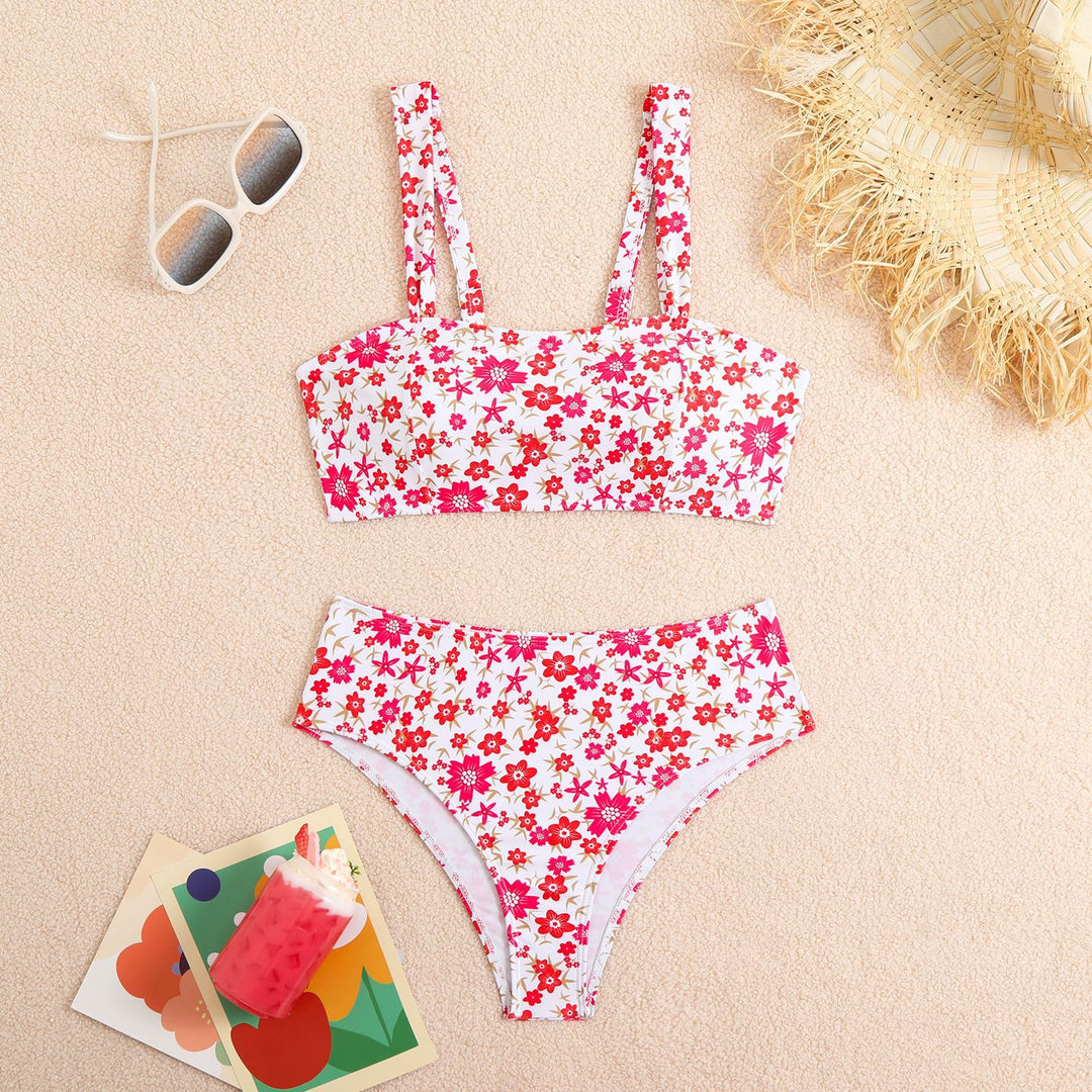 Dame To-delt Crop-top bikini-sæt med blomsterdesign og brede stropper Skovae