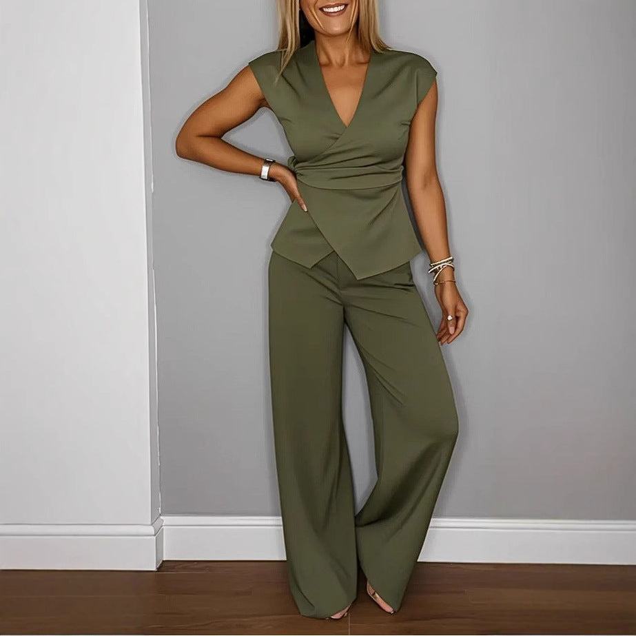 Damer Elegant Wrap-top og bredbenet Bukser Sæt Stilla