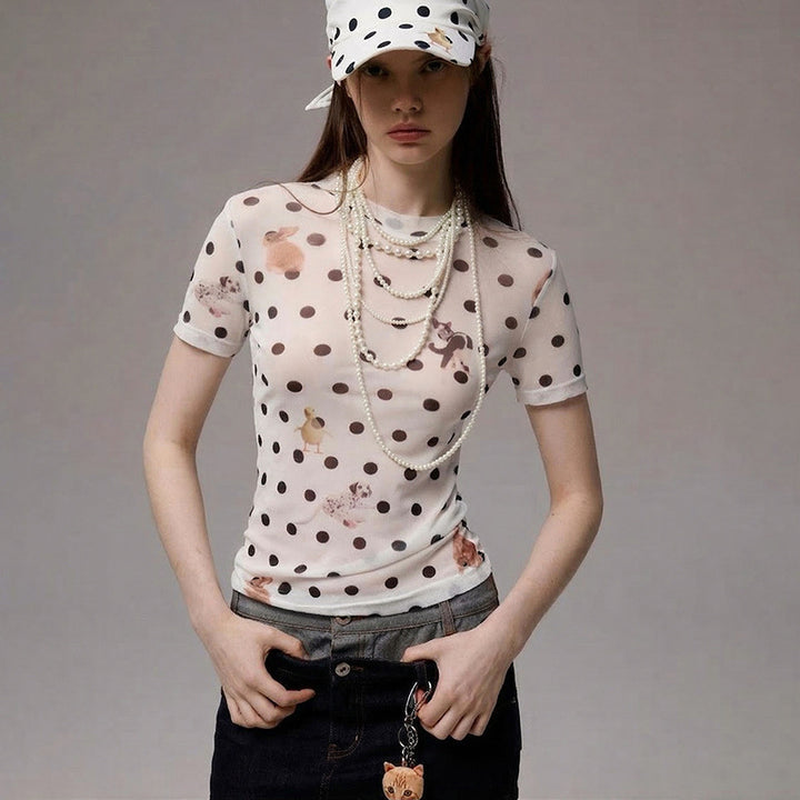 Damen Figurbetontes Polka-Dot T-Shirt mit verspieltem Tierdesign Skovae