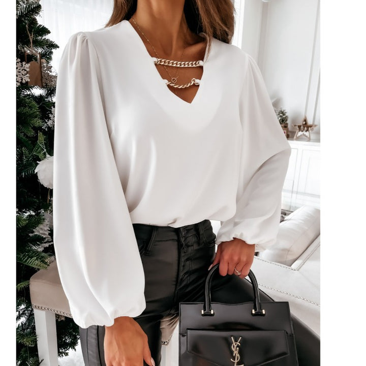Dame Elegant V-hals Bluse med Puffærmer Stilla