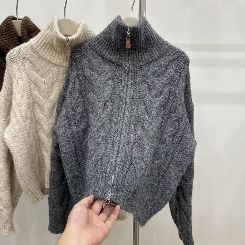 Kvinders chunky strikket sweater med høj krave og dekorativ lynlås Stilla