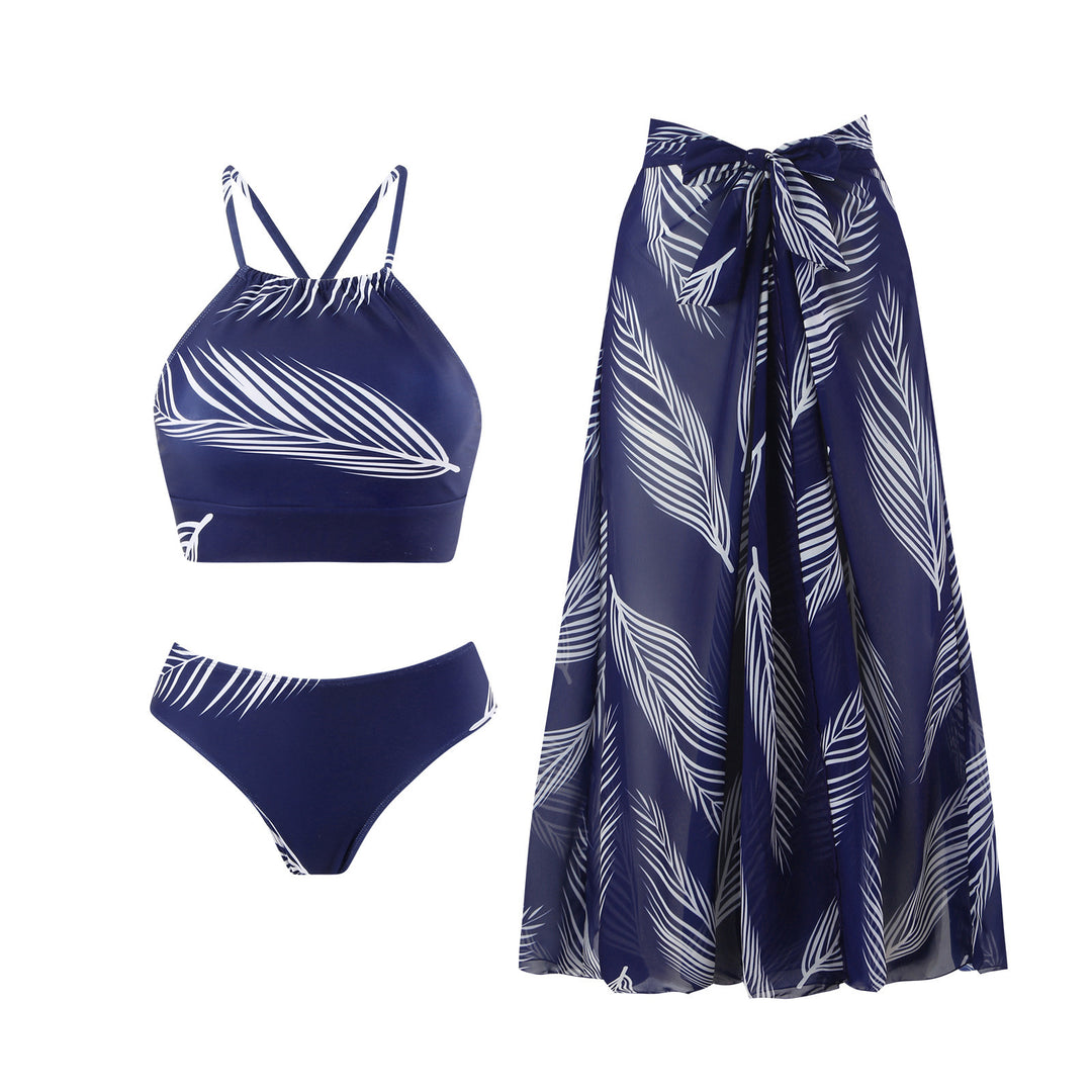 Dame bikini-sæt med stilfuld indpakningsnederdel og trendy bladdesign Stilla