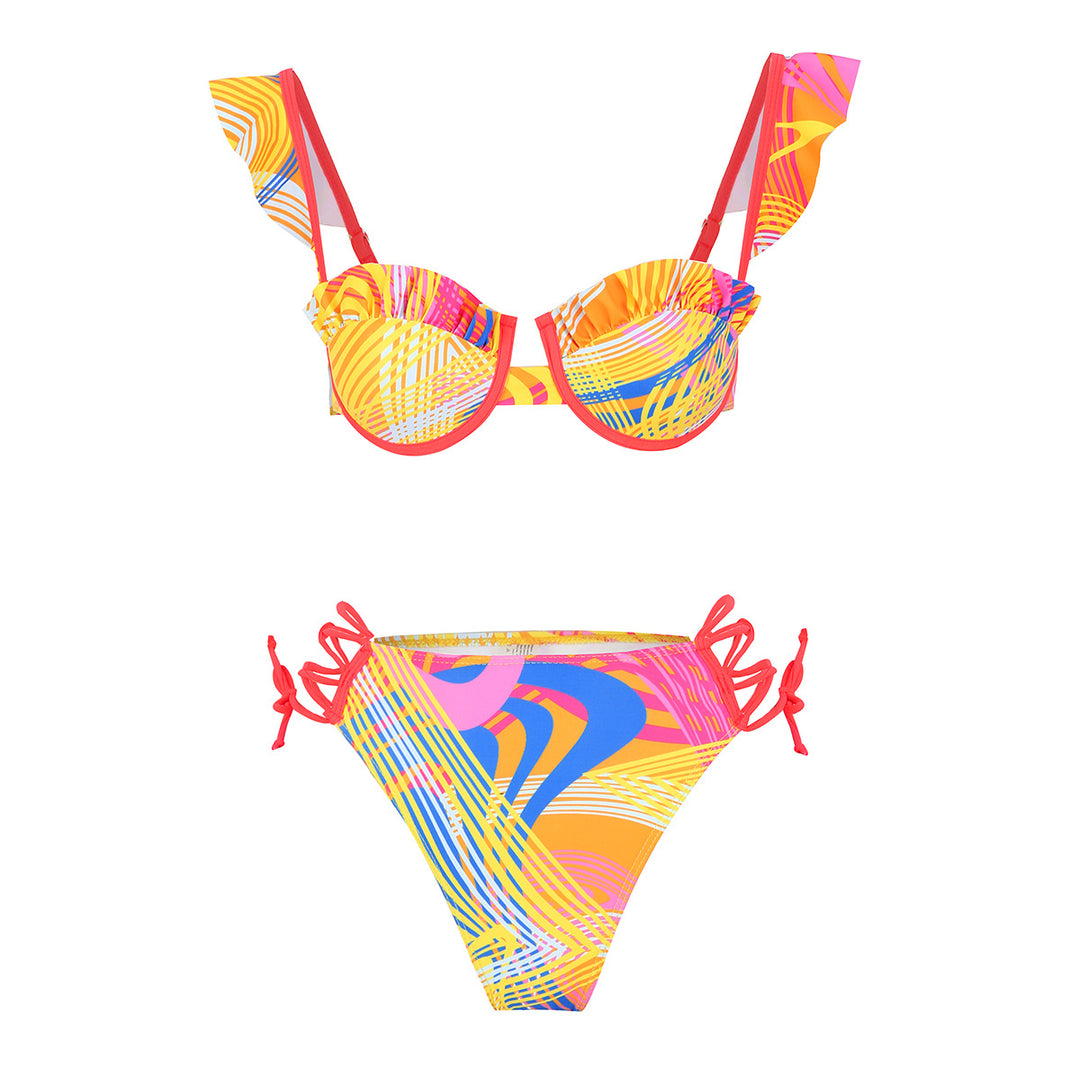 Dame bikini sæt med flæsebelagte stropper og livligt geometrisk mønster Stilla