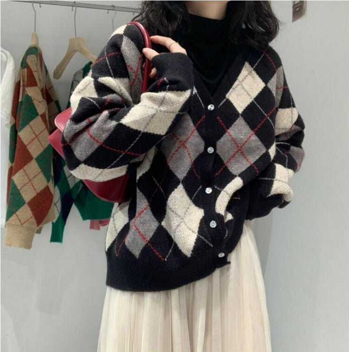 Femme Artistic Argyle Strikcardigan Stilla