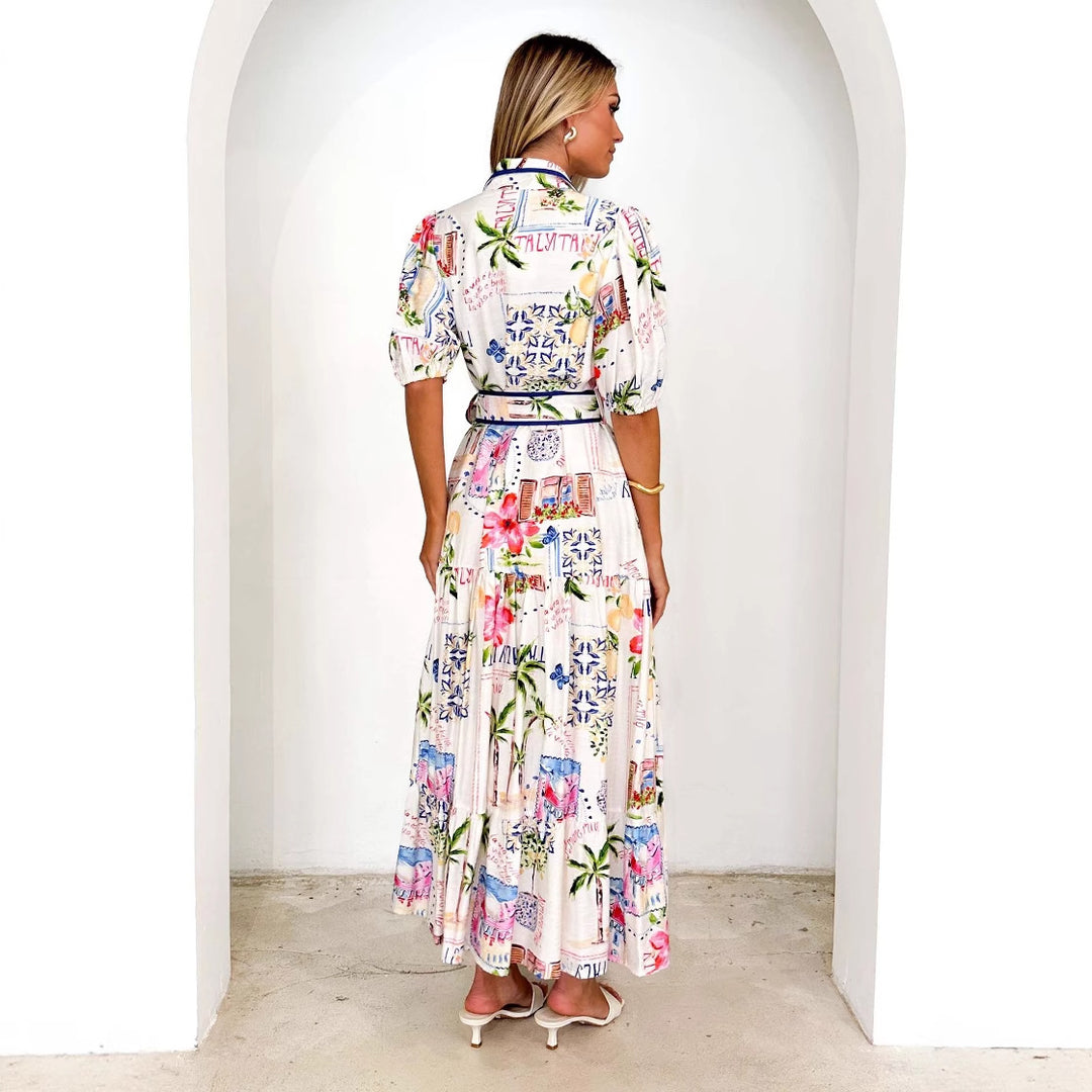 Dame luftige maxikjoler med blomster grafisk design og praktiske lommer