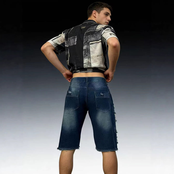 Herrer afslappede destroyed jeansshorts med fransede afslutninger og bredt ben Skovae
