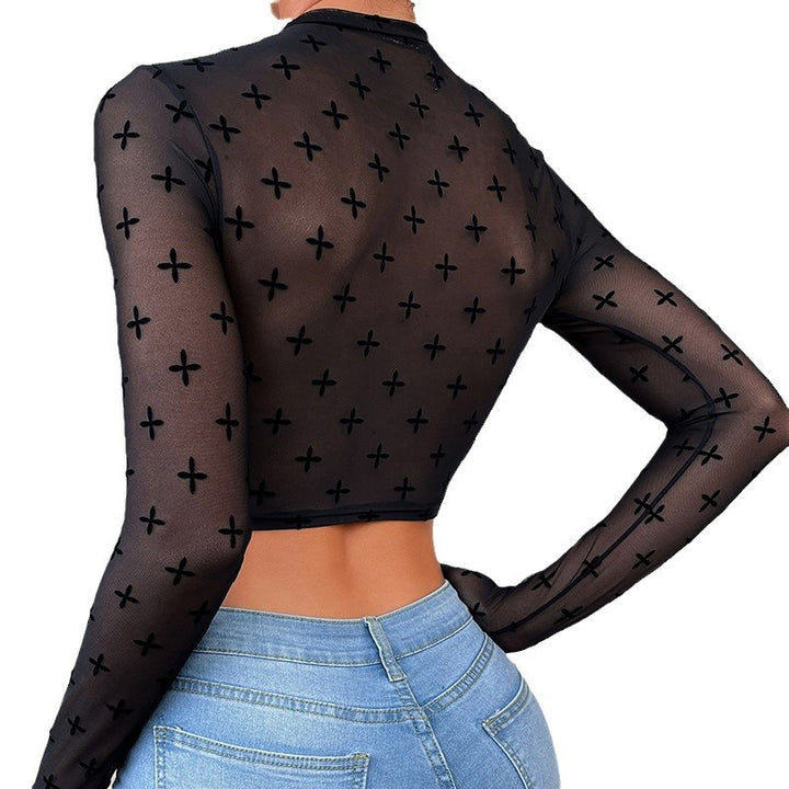 Dame Langærmet Crop-Top med gennemsigtig netdesign og dekorative applikationer Stilla