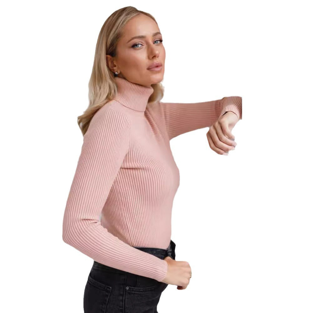 Kvinders lang sweater med høj krave og fin ribbet tekstur Stilla