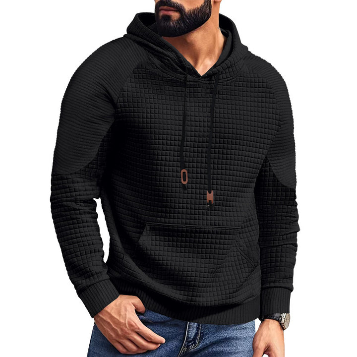 Herren nan kvadratstruktureret hættepullover i quiltet look med kængurulomme, raglanærmer og snor.