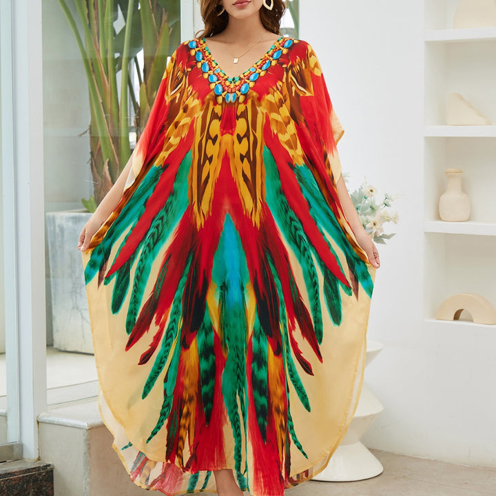 Dame Kaftan med kunstnerisk etno-mønster og elegant V-udskæring Stilla