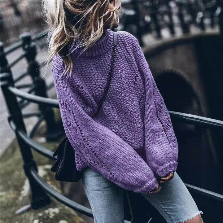 Dame Grovstrik pullover med høje ærmer og moderne hulmønster Stilla