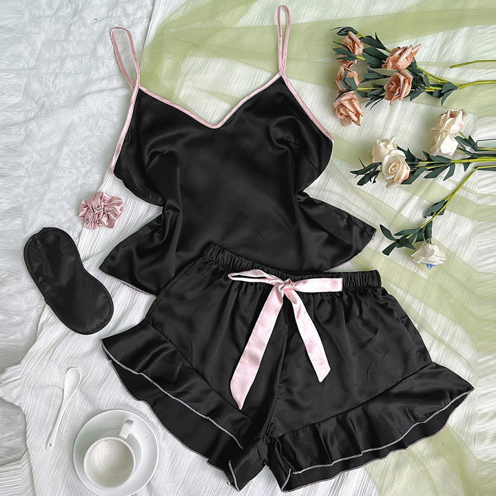 Dame Satin Pyjama-Sæt med delikate flæsedetaljer og elegante accenter Stilla