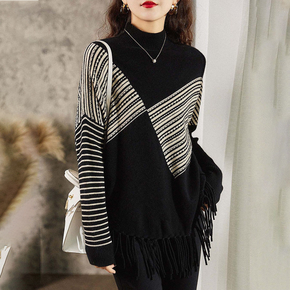 Kvinders oversized sweater med grafisk stribemønster og frynser Stilla