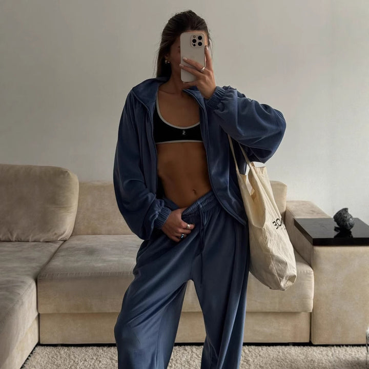 Kvinders fleece loungewear sæt med høj krave og elastisk taljebånd