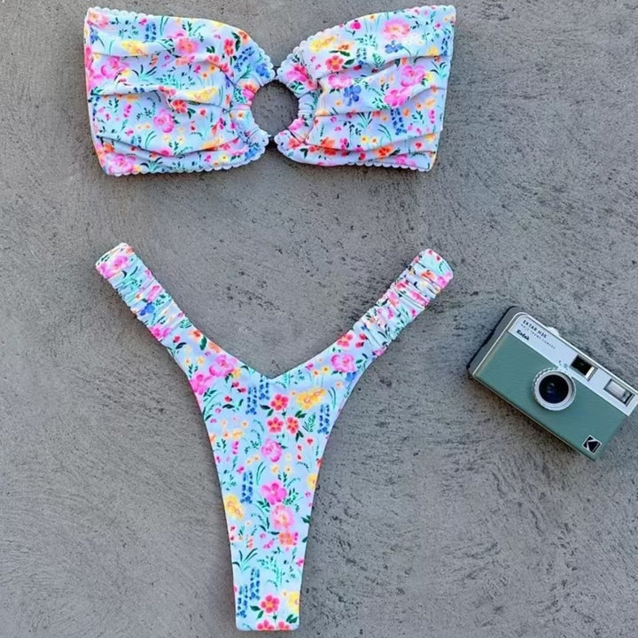 Dame bandeau-bikini med blomsterprint og sløjfe-detalje Skovae