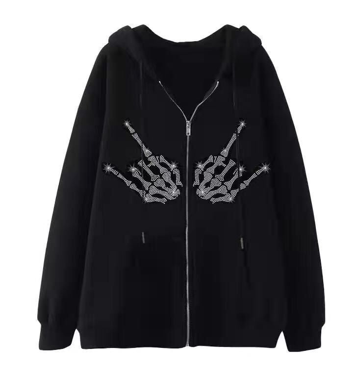 Kvinders hoodie jakke med glitrende edderkop mønster og praktiske lommer Skovae
