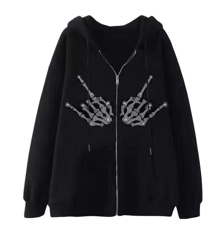 Kvinders hoodie jakke med glitrende edderkop mønster og praktiske lommer Skovae