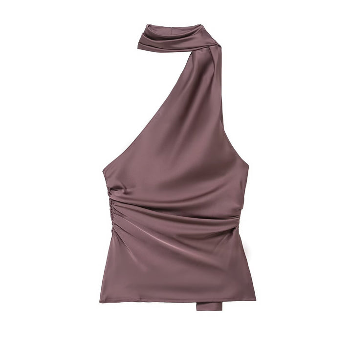 Dame asymmetrisk top med elegant halsknude-design og rynker Skovae