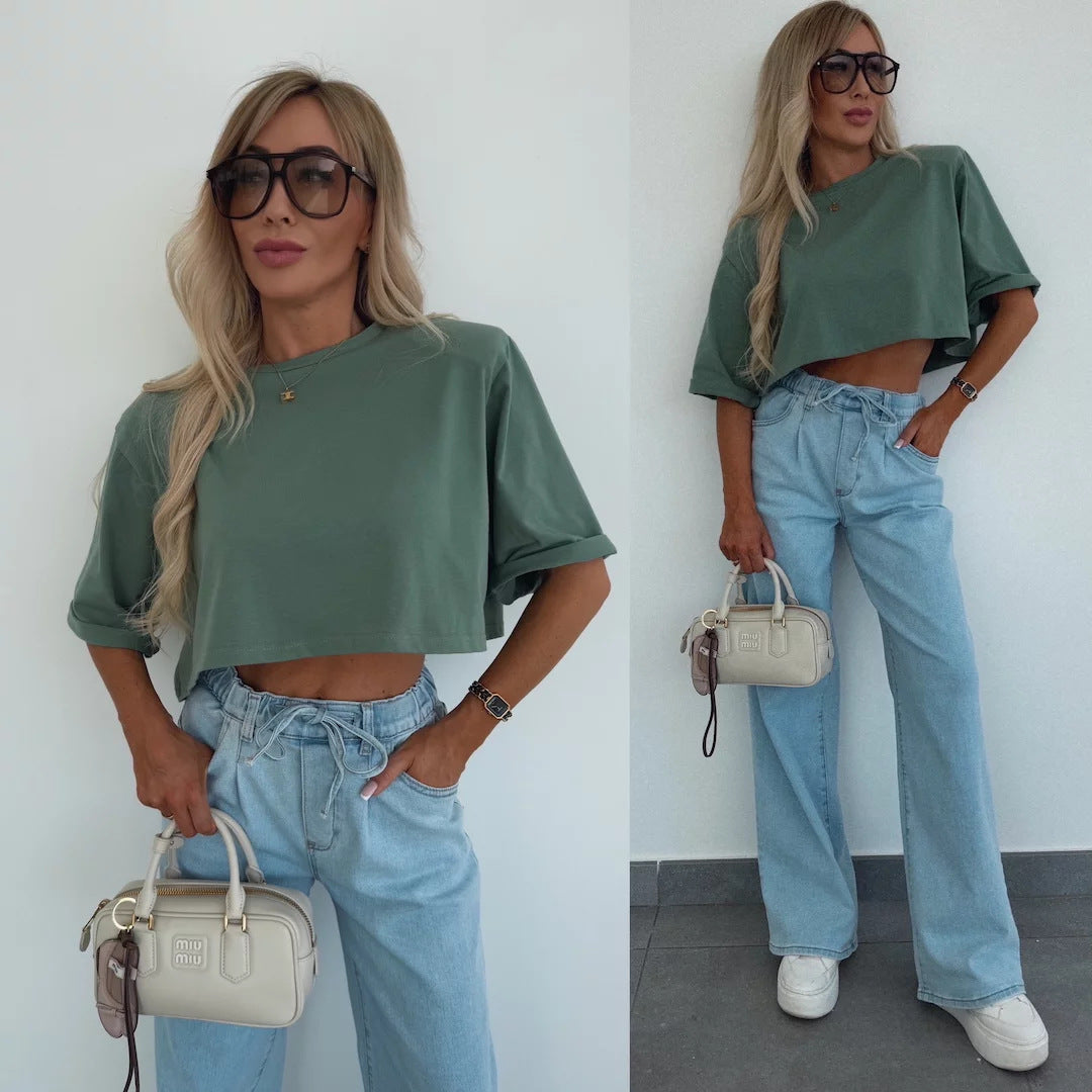 Kvinders casual cropped T-shirt med brede ærmer og materiale af høj kvalitet